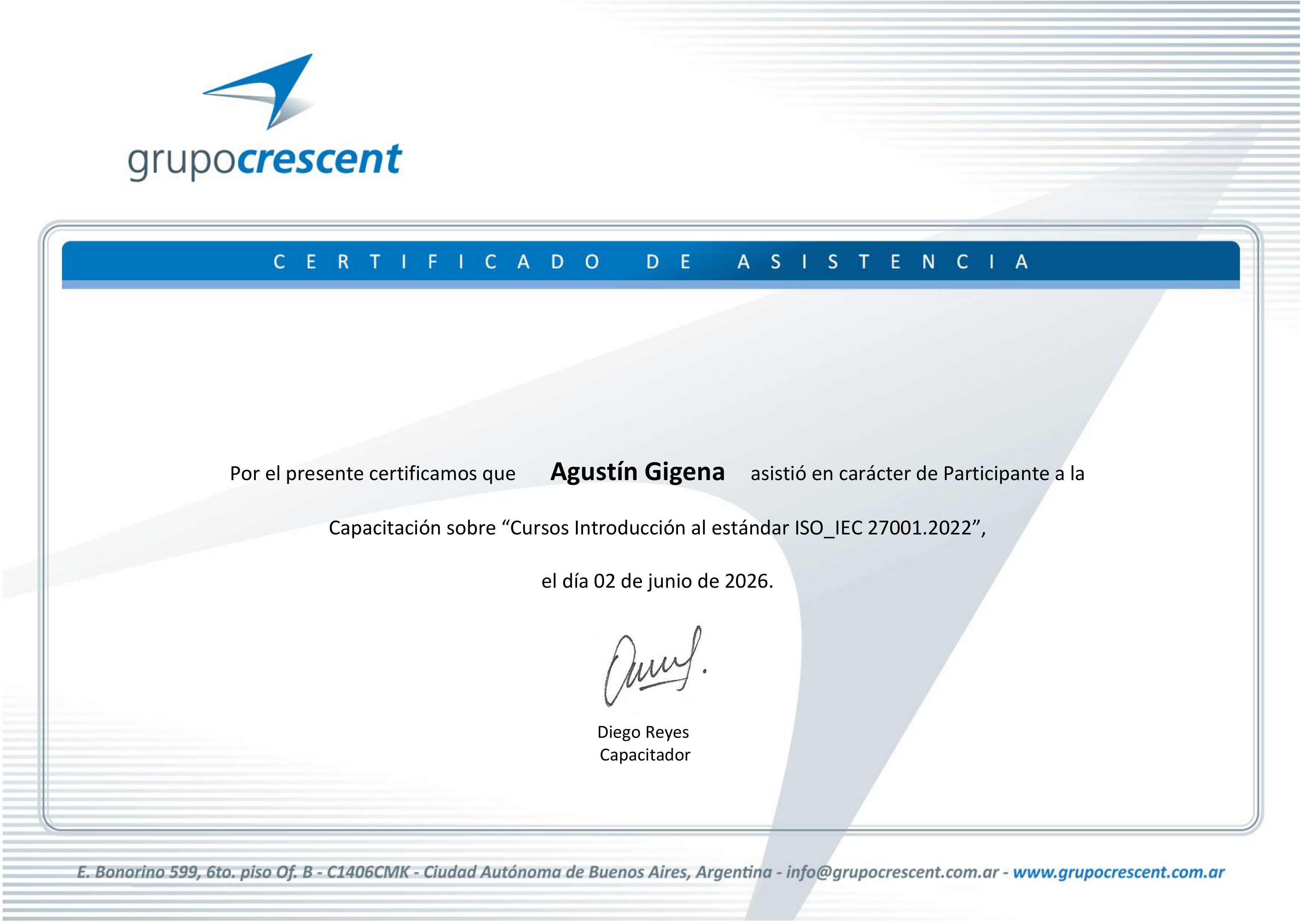 Certificado ISO/IEC 27001:2022 - Agustín Gigena